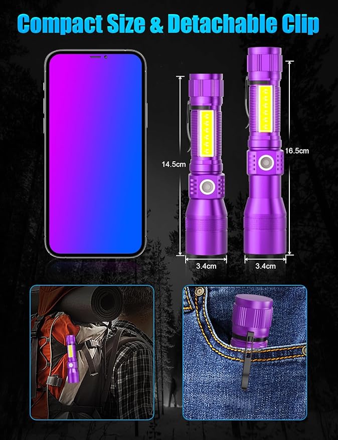 UV Rechargeable Flashlights Tactical,1000 High Lumens 3 in 1 LED Black Light Flashlight-Magnetic Base/Sidelight/Zoomable, Bright Pocket Flash Light with Case for Stains Detection,Purple/Black
