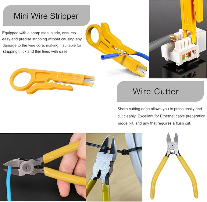 PETECHTOOL RJ45 Crimp Tool Pass Through Cat7 Cat6 Cat5 Crimping Tool with 50-Pack Cat6 RJ45 Pass Through Connector, 50-Pack RJ45 Boots, Network Cable Tester, Wire Cutter and mini Wire Stripper