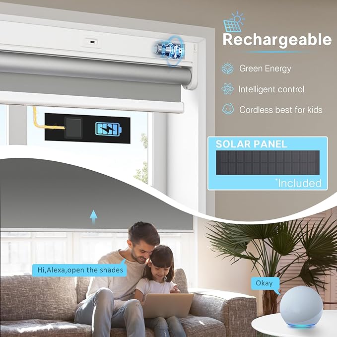 Motorized Blinds with Remote Control【Solar Panel Included】 100% Blackout Smart Roller Blinds Automatic Blinds for Windows Cordless Electric Shades Compatible with Alexa White