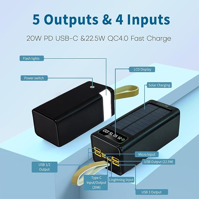 Solar Power Bank 50000mah 22.5W USB C Laptop Portable Charger with 3 Outputs and 4 Inputs, LED Flashlight, Mobile Power Fast Charging Battery Pack Compatible with Samsung, iPad, MacBook