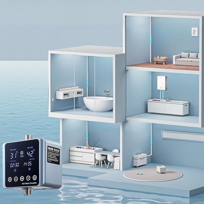 VEVOR Digital Smart Instant Hot Water Recirculating Pump Kit, with Built-in Thermostat, Timer, Digital Screen, Under Sink Recirculation Circulation Circulator Pump System, for House Water Heaters