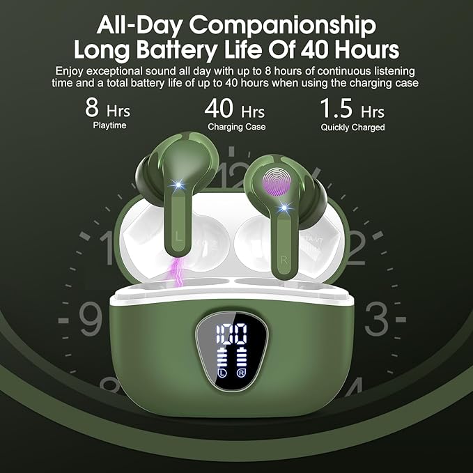 Wireless Earbuds, Bluetooth 5.4 Headphones HiFi Stereo, Bluetooth Earbuds with ENC Noise Cancelling Mic, IP7 Waterproof in Ear Earphones, 48H, LED Display Ear buds for Pad Workout Sports, Retro Green
