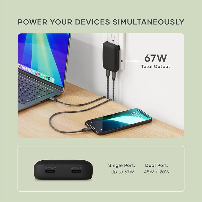 Satechi OntheGo 67W Wall Charger, GaN USB C Travel Charger with 2 USB-C PD Fast Charging Ports, for MacBook Pro/Air, iPad Pro/Air, iPhone 16, Steam Deck, Galaxy, Windows – Black
