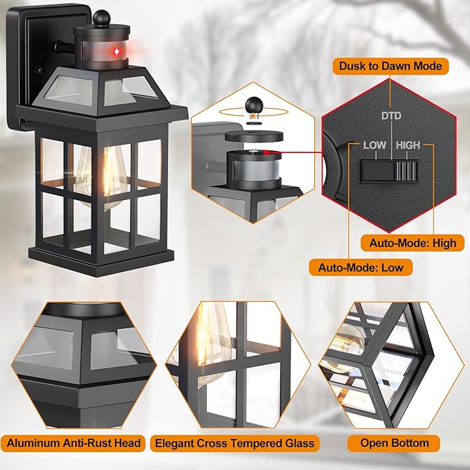 Motion Sensor Outdoor Light Fixtures 2-Pack Upgraded, Anti-Rust Aluminum Outdoor Sconces Front Porch Lights Black Exterior Light Fixtures Dusk to Dawn Outside Lights House, ETL Certified