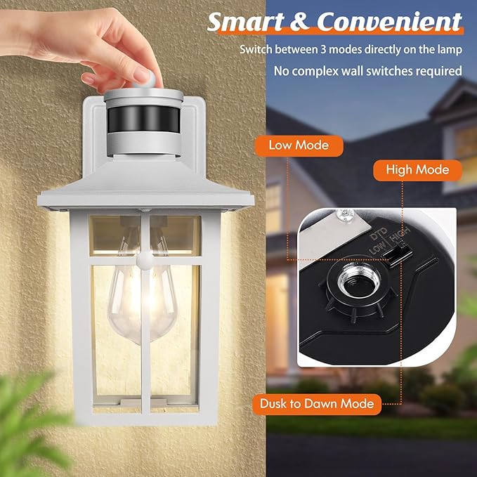 White Porch Light Fixture, 2-Pack Motion Sensor Outdoor Sconce Lights, Aluminum Outdoor Lanterns for Patio Waterproof, ETL Listed Dusk Till Dawn Outside Light Fixture for House, Porch, Front Door