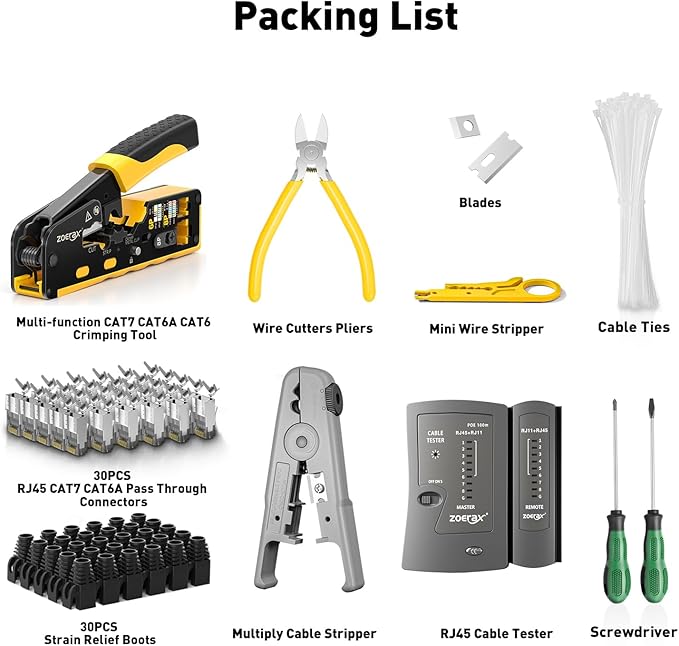 Cat7 RJ45 Crimping Tool, Ethernet Crimping Tool Kit With Cat 7 Cat6A RJ45 Connectors, Ethernet Crimper RJ45 Pass Through Crimp Tool RJ45 Crimp Tool Kit