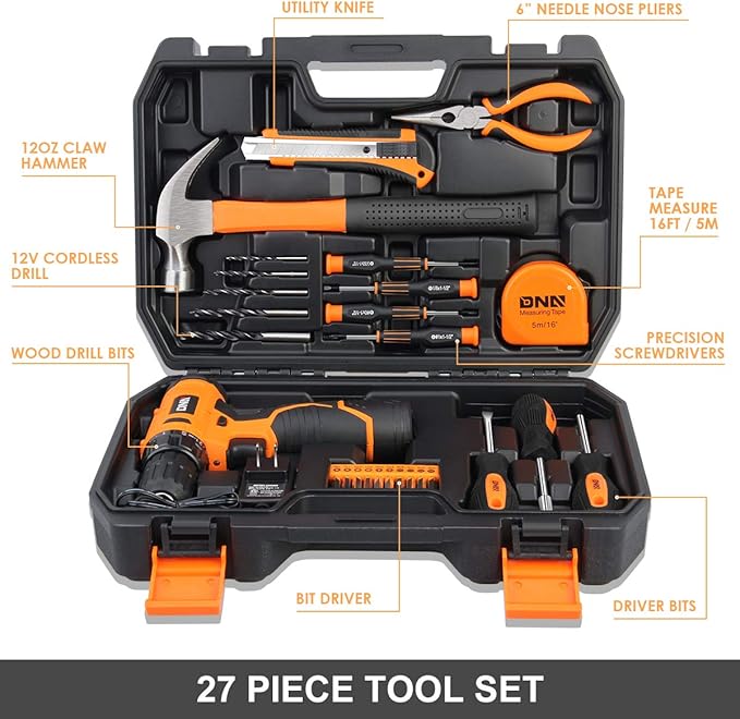 DNA MOTORING 27pcs 12V 1300mAh Cordless Drill Set, Drill Driver Home Tool Kits Combination Tool Set, Tool Kit with Drill For Home, DIY, Maintenance, Orange, TOOLS-00016