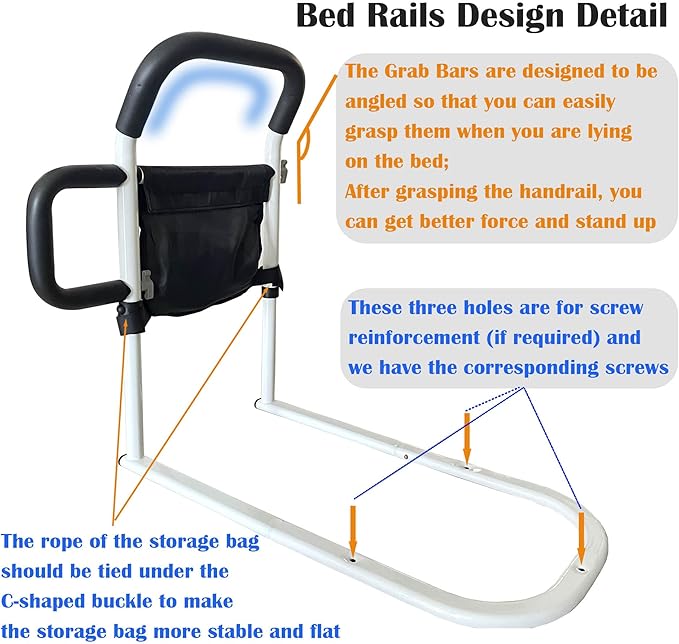 Bed Rails for Elderly Adults Safety, Bed Guard Rail with Dual Grab Bars for Seniors & Patients,Motion Light & Storage Pocket Support Up to 300lbs Fits King, Queen, Full, Twin Bed