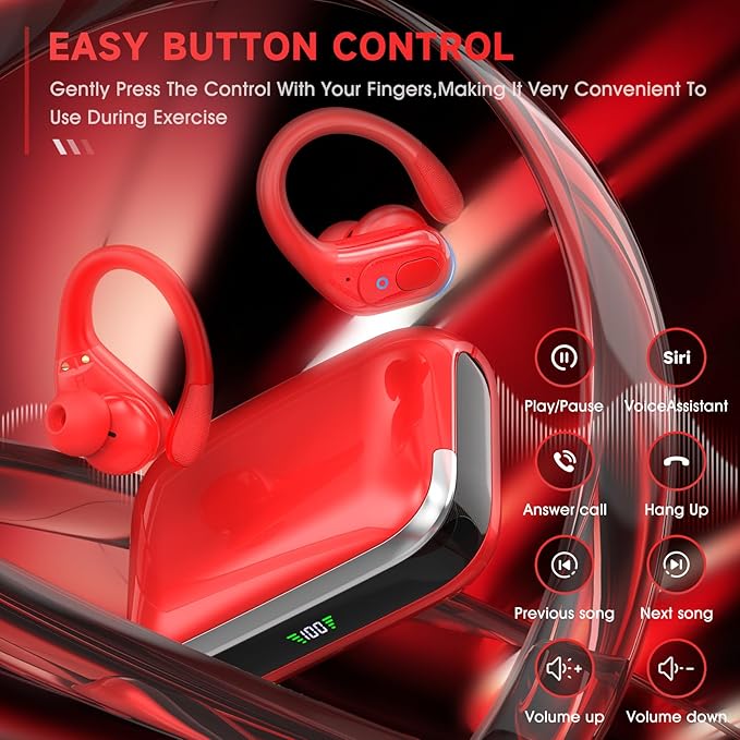 Wireless Earbuds Bluetooth 5.4 Headphones, Noise Canceling Ear Buds with 75hr Playtime, LED Power Display, IPX7 Waterproof Earphones Over-Ear Earphones for Sports/Workouts - Red