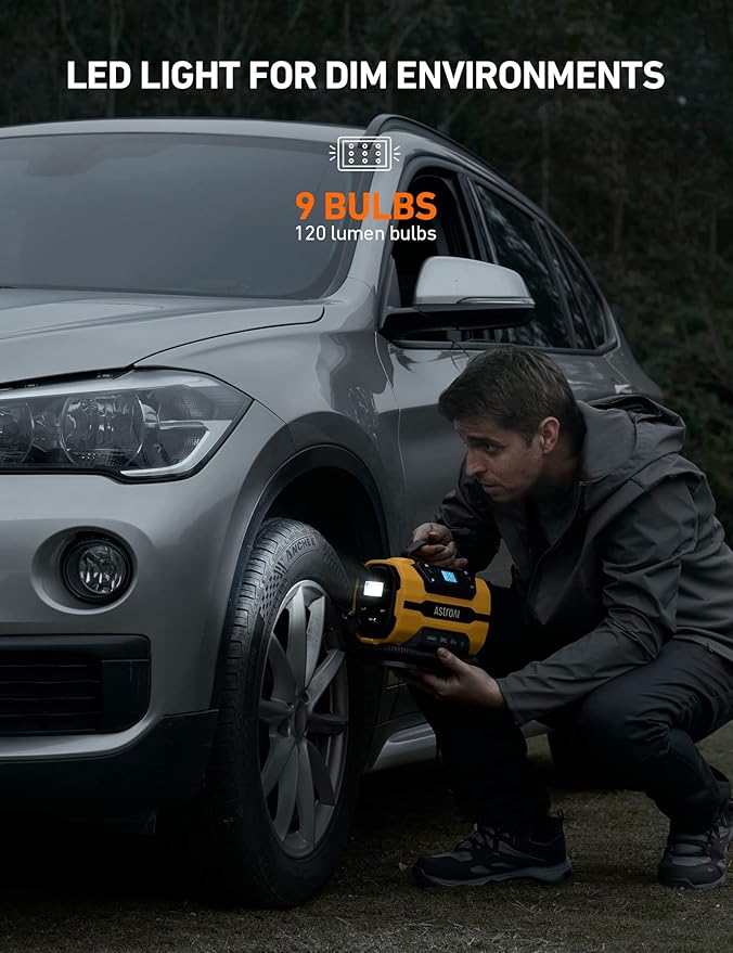 AstroAI Tire Inflator Portable Air Compressor Pump 150PSI 12V DC/110V AC with Dual Metal Motors &LED Light, Automotive Car Accessories&Two Modes for Car, Bicycle Tires and Air Mattresses, Yellow