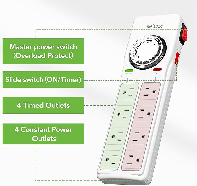 BN-LINK 8 Outlet Surge Protector with Mechanical Timer (4 Outlets Timed, 4 Outlets Always On) - White