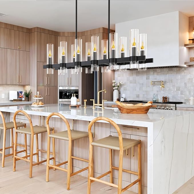 Modern Black Island Rectangle Chandelier with Clear Glass,48” Adjustable Height Modern Linear Light Fixture 12 Light Dining Room Chandelier Over Table for Dining Room Kithen Island