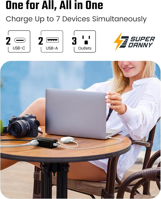 SUPERDANNY Detachable Travel Power Strip,45W USB Fast Charge,2 USB-C & 2 USB-A with 3 Outlets Flat Plug Extension Cord 10ft,Portable Charger for Travel Essentials for Travel Cruise Home, Black