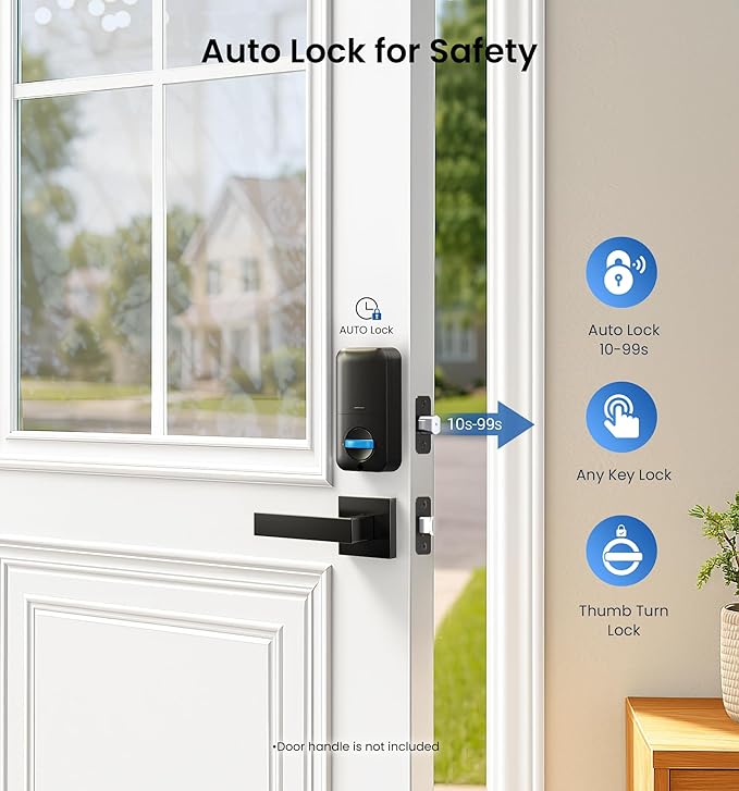 Veise Fingerprint Door Lock, Keyless Entry, Auto Lock, Electronic Keypad Deadbolt for Front Door, Biometric, Anti-Peeking Password, Easy Install, Matte Black