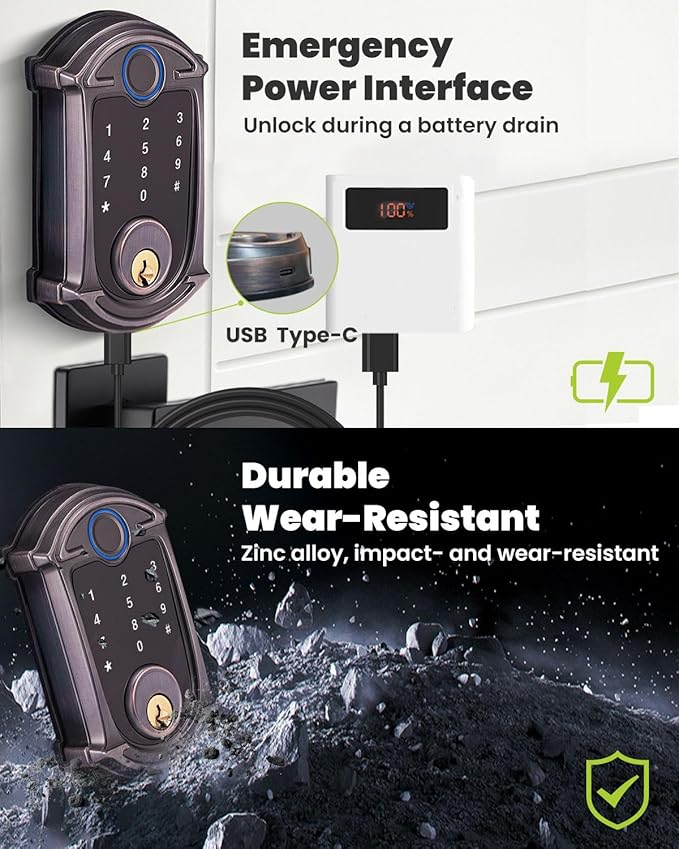 Keyless-Entry Deadbolt Smart Lock Waterproof IP56 Digital Exterior Locks for Front Door,Smartphone Control Fingerprint Door Lock with Keypad and Key Fob,Venetian Bronze - UF02-VB GreenShield