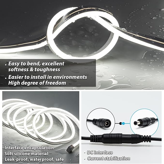 White Led Strip Lights, 16.4ft/5m Neon Light Strip, 12V Flex Waterproof Neon LED Strip Silicone LED Neon Rope Light for Kitchen Bedroom Indoor Outdoor DIY Styling ecoration