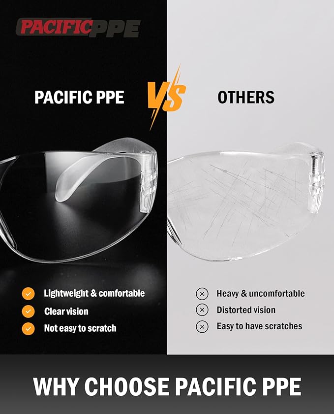 PACIFIC PPE 18 Pack Safety Glasses for Men and Women, ANSI Z87 Protective Eyewear with Scratch Resistant Clear Wraparound Lenses, Adjustable Goggles for Lab, Work and Shooting