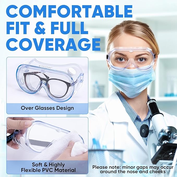 TICONN Anti-Fog Safety Goggles, HD Clear Eye Protection, ANSI Z87.1 Lab Goggles for Chemistry, Industrial