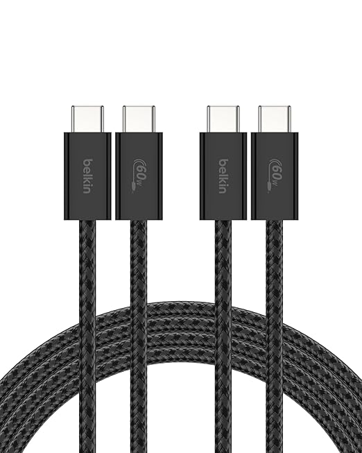 Belkin USB C to USB C Cable 2-Pack, 6.6ft, 60W - Type C Charger, iPhone Charger Cord, Soft, Braided, Flexible for iPhone 16, Galaxy S25, Pixel 9, Airpods, iPad Pro & More, Travel Essentials - Black