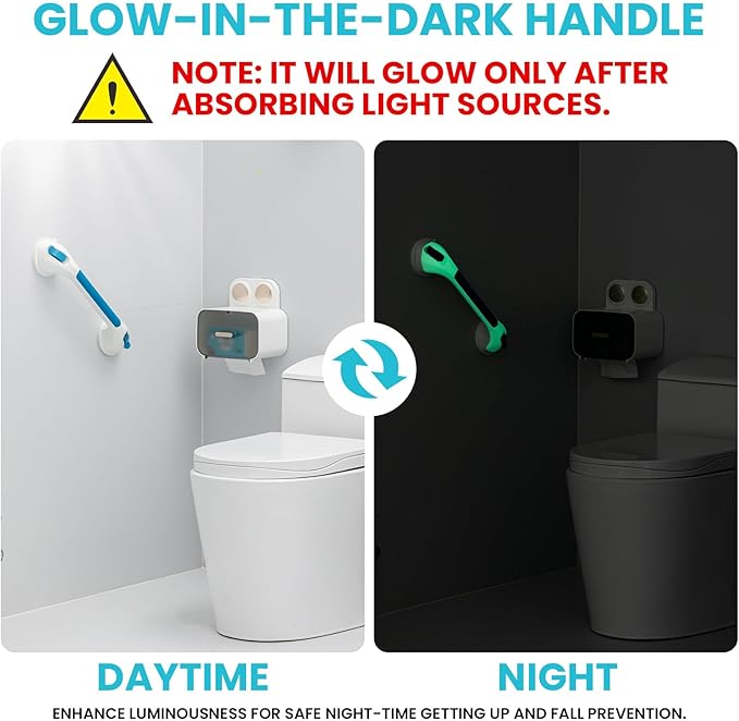 TAILI Shower Grab Bar Glow in The Dark, 2 Pack 16.8 in Grab Bars for Bathtubs and Showers,Shower Handles Shower Rails for Seniors and Elderly,Bathroom Safety Grip Removable No Drilling Waterproof Blue