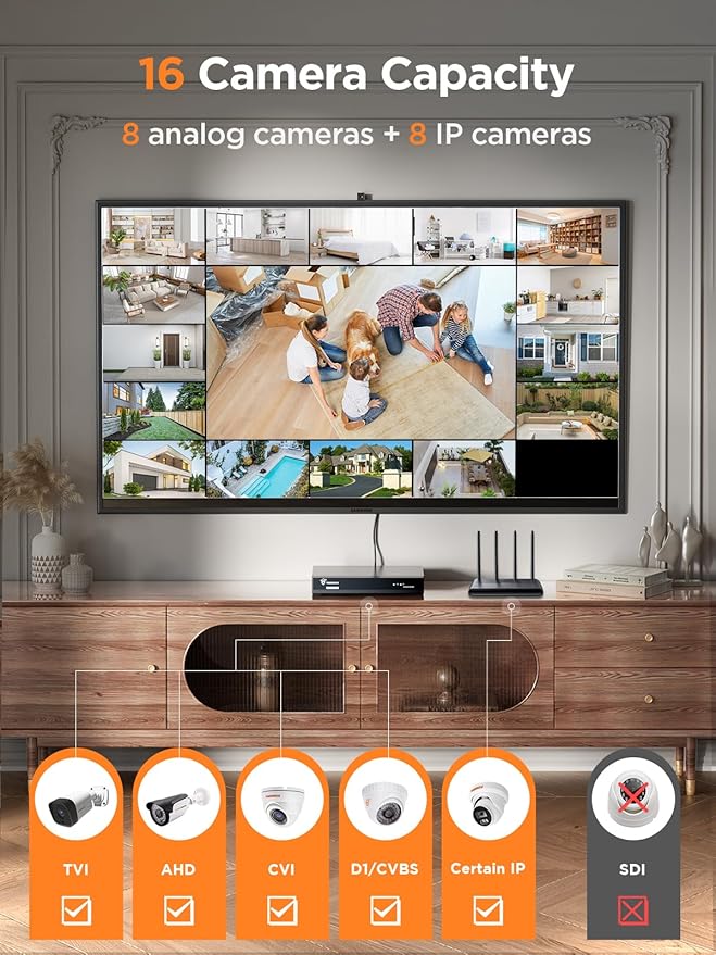 TIGERSECU Ultra HD 5MP 8 + 8 Channel Security DVR/NVR with 2TB Hard Drive, Expandable to 16 Cameras, Hybrid 6-in-1 Home Surveillance Recorder for 8 TVI, AHD, CVI, Analog, RS485 PTZ and 8 IP Cameras