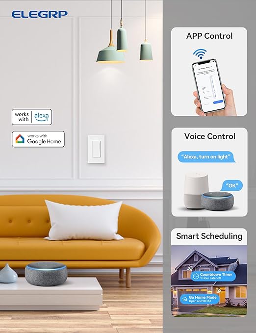 ELEGRP Smart Dimmer Light Switch DTR30, Single Pole or 3 Way, 2.4GHz Wi-Fi Touch Dimmer Compatible with Alexa/Google Assistant, Needs Neutral Wire, No Hub Required, UL and FCC Listed, White, 1 Pack