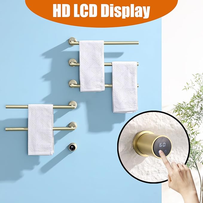 Heated Towel Rack Concealed Smart, 93W Swivel Electric Towel Warmer for Bathroom, Built-in Modular Electric Towel Rack with Timer, Thermostat, LED Display, APP, 5 Bars 180° Rotation, Hardwired, Gold