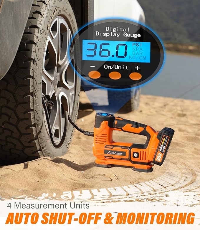AVID POWER Tire Inflator Portable Air Compressor, 20V Cordless Car Pump w/Rechargeable Li-ion Battery, 12V Car Power Adapter, Digital Pressure Gauge, Tire Air Compressor for Many Inflatables