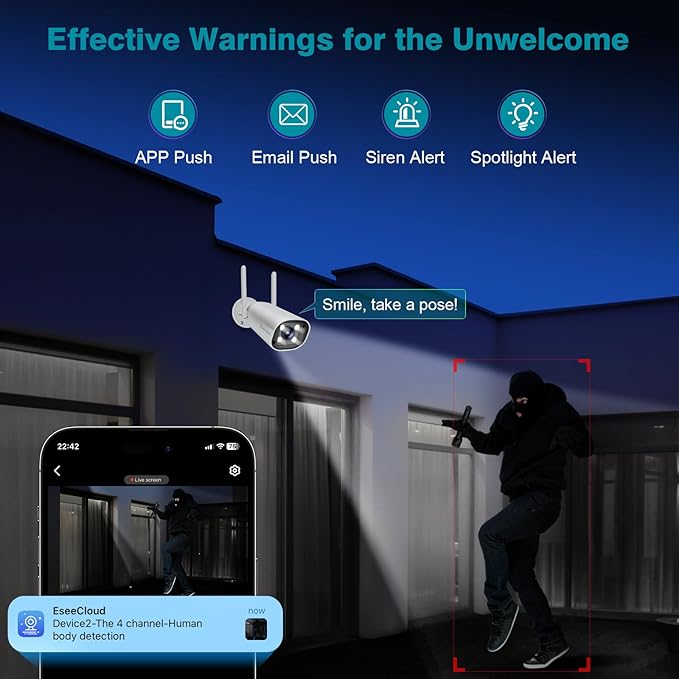 Expandable 10 Channel Wireless Security Camera System with 10.1" Monitor, AI Human Detection, Spotlight,Siren Alarm, 2-Way Audio,4Pcs 5MP Camera,Home Business Surveillance,1TB HDD