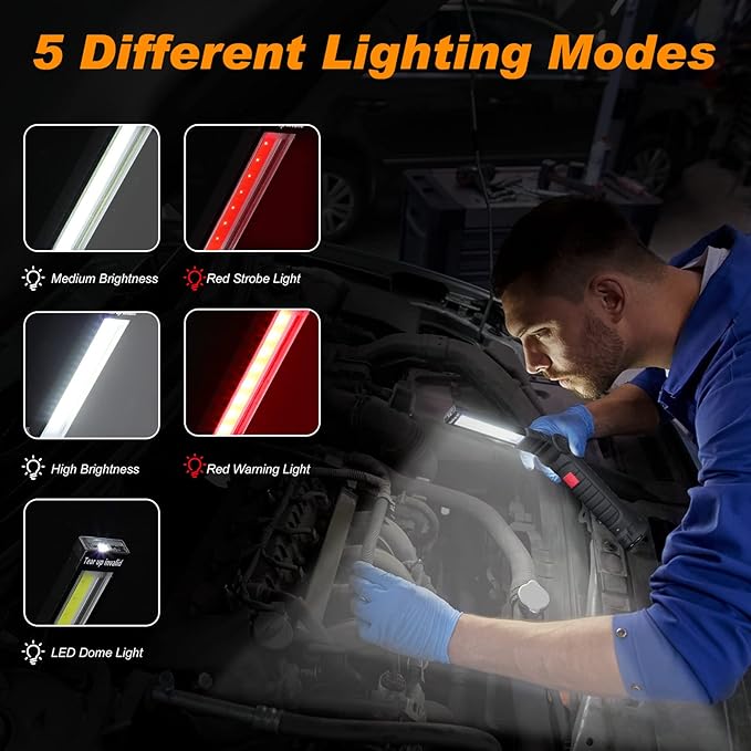 Mudder 6 Pcs Rechargeable LED Work Light with Magnetic Base 360° Rotate 5 Modes Flashlights for Car Repair Outdoor Father's Day Tool Gifts(Black)