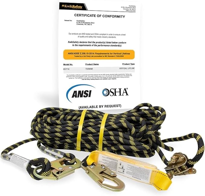 KwikSafety - Charlotte, NC - TSUNAMI [Premium BRAIDED ROPE] Vertical Lifeline ANSI OSHA Rope Grab Snap Hook Shock Absorber Fall Protection Line Kit Restraint System Roofing Safety Equipment / 100 FT.