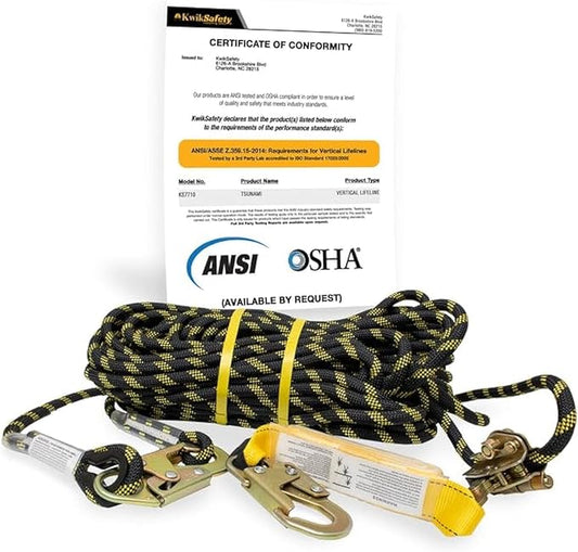 KwikSafety - Charlotte, NC - TSUNAMI [Premium BRAIDED ROPE] Vertical Lifeline ANSI OSHA Rope Grab Snap Hook Shock Absorber Fall Protection Line Kit Restraint System Roofing Safety Equipment / 100 FT.