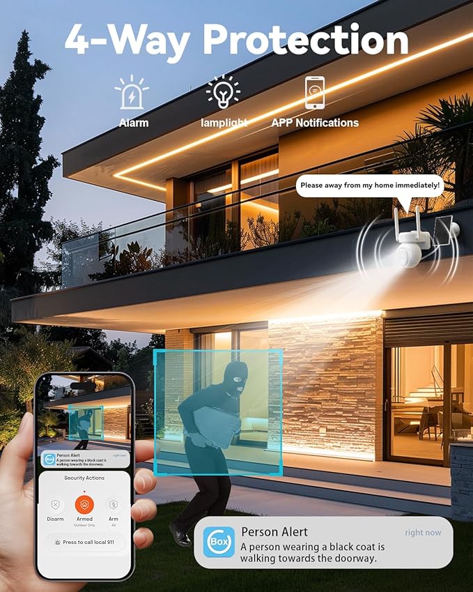 Solar Security Cameras Wireless Outdoor - 4G LTE Battery Powered Cameras for Home Security, 360°View PTZ, IP66 Waterproof, 2K HD Color Night Vision, Human Tracking, 2-Way Audio, SD/Cloud Storage