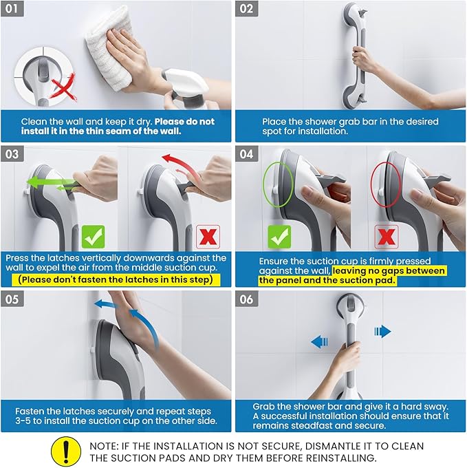 LEVERLOC Grab Bars for Bathtubs and Showers, Shower Handle 17 Inch Strong Suction Bath Handrails, Safety Grip for Bathroom Chair, Bathroom Grab Bar for Senior No Drilling Waterproof,Grey