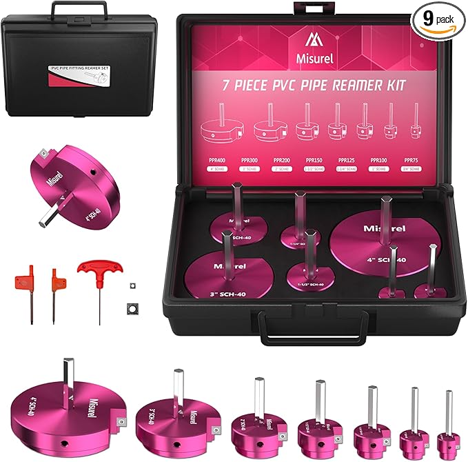 7 Pcs PVC Pipe Reamer Kit With 3/4 inch, 1 inch, 1-1/4inch,1-1/2inch, 2inch, 3inch, 4inch, 2 Carbide Inserts, Aluminum PVC Fitting Saver, Plumbing tools for SCH40