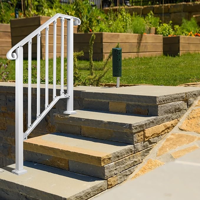 Adjustable Handrails for Outdoor Steps, Handrail Picket #2 Hand Rails for Outdoor 2 or 3 Steps, Mattle Wrought Iron Handrail, Stair Rail with Installation Kit for Outdoor Steps, White