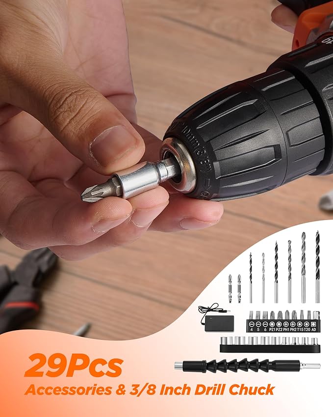 Drill, 21V Cordless Drill with Dual 2.0Ah Power Pack and Charger, Electric Power Drills Set, 3/8 Inch Chuck, 25+1 Torque, 2 Speed 29 Accessories Tool for DIY, Gifts