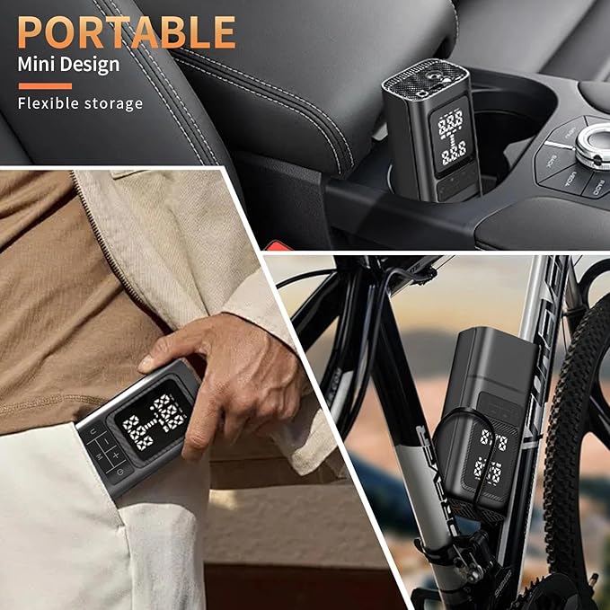 Tire Inflator, Portable Air Compressor for Car with Touch Screen, 150PSI Cordless, Fast Inflation (0-2.5BAR in 10min), Power Bank & LED Light, Auto Shut Off for Bike, Motorcycle, Ball-Black
