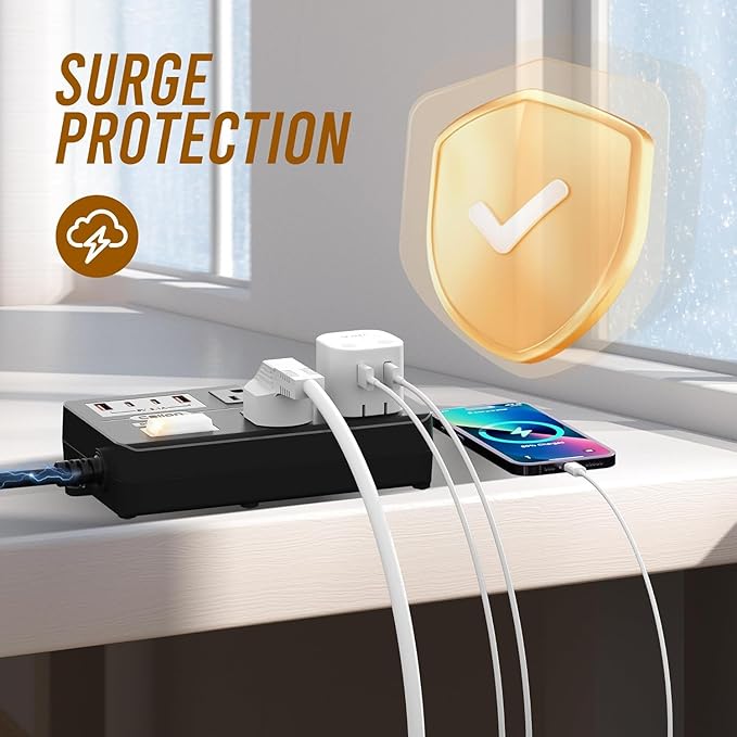 IPX6 Outdoor Power Strip Weatherproof, Waterproof Surge Protector with 4 Wide Outlet with 2A2C USB Ports, 10FT Long Extension Cord, Wall Mountable for Outside Decorations and More UL Listed(Black)