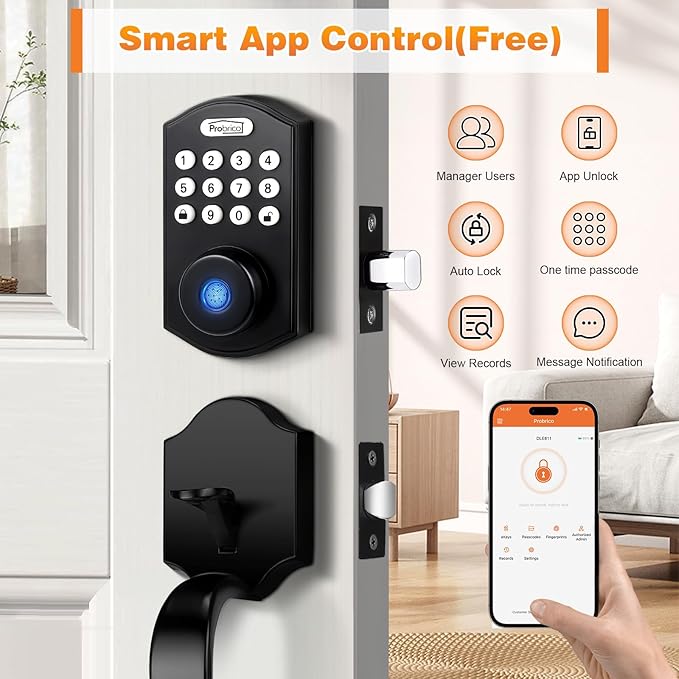 Probrico Smart Keyless Entry Door Lock Smart Locks for Front Door, Keypad Door Lock with Handle Fingerprint Deadbolt with Handle