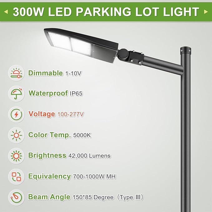 300W LED Parking Lot Lights, Surge Protector Included, 1000W MH/HPS Equiv, 5000K 42000LM 1-10V Dimmable LED Shoebox Lights for Parking Lot, Sport Court Areas DLC UL Approved