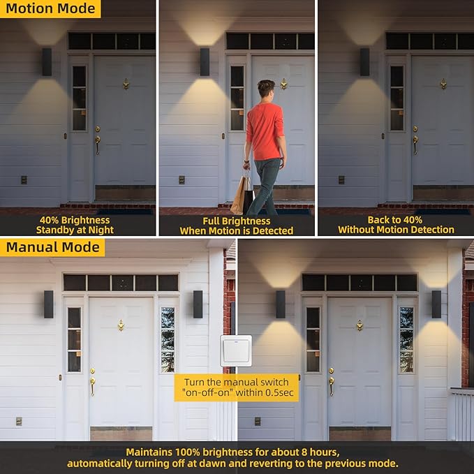 SHIMR Motion Sensor Outdoor Wall Lights, Dusk to Dawn Outdoor Lighting with Matte Black Finish, Up and Down Lights Aluminum Exterior Lighting Fixture for House Porch, LED Bulb Included [ETL Listed]