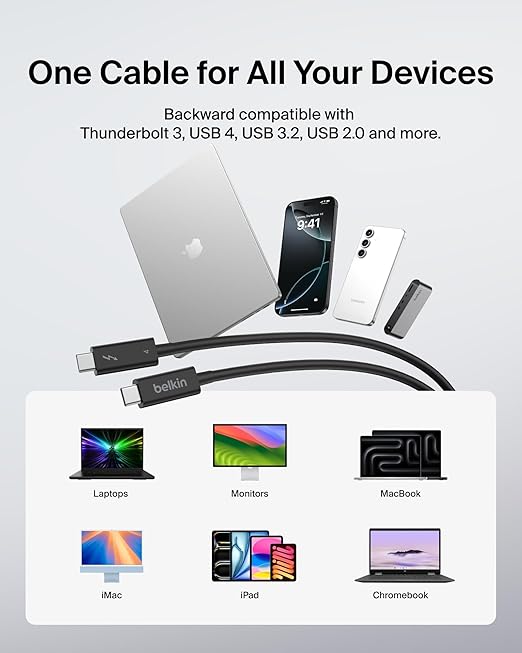 Belkin Thunderbolt 4 Cable (1M, 3.3ft Power Cable), USB-C to USB-C Cable w/ 100W Power Delivery, USB 4 Compliant, Compatible with Thunderbolt 3, MacBook Pro, eCPU & More - Intel Thunderbolt Certified