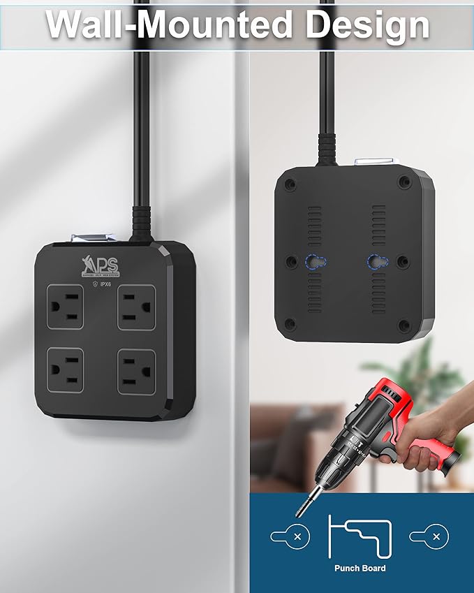 Outdoor Power Strip Weatherproof, Waterproof Surge Protector with 4 Wide Outlet with 3 USB Ports, 6FT Long Extension Cord,1875W Overload Protection，Outlet Extender for Christmas Lights ETL Black