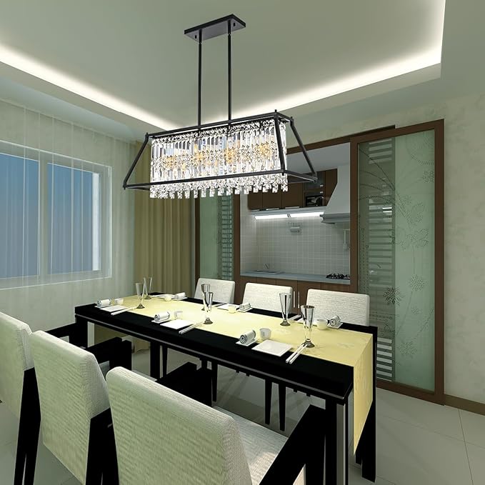 Crystal Chandelier Light for Dining Room, 4-Light Trapezoidal Industrial K9 Crystal Pendant Lights with Black Metal Frame Pendant Lamp for Kitchen Island Living Room Entryway (Black)