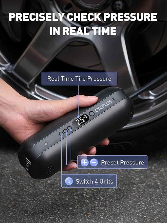CYCPLUS Tire Inflator Portable Air Compressor - 150PSI Cordless Air Pump with Digital Tire Pressure Gauge, Accurate LCD Display & LED Light, DC/AC 2-in-1 for Car/Motorcycle/E-Bike/Ball(2025 Version)