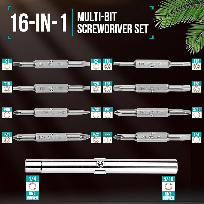 16-in-1 Multi-bit Screwdriver Set Tool All in One, Portable Multi-Purpose Screwdriver, Slotted/Philips/Pozi/Torx/Square,Nut Driver