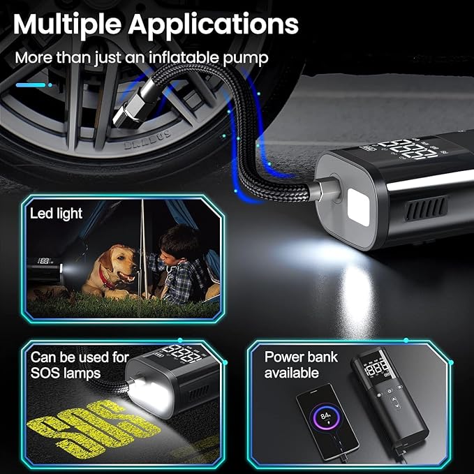 Tire Inflator Portable Air Compressor, 2X Faster Air Pump for Car, 120PSI Electric Tire Inflation-Cordless Tire Pump with Pressure Gauge Emergency Light for Car, Motor, Bike, Ball