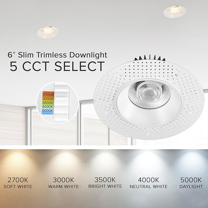 Maxxima 6 in. Trimless Ultra-Thin Recessed Anti-Glare LED Downlight Canless IC Rated 2000 Lumens 5 Color Temperature Selectable 2700K/3000K/3500K/4000K/5000K Dimmable 90 CRI 5 CCT Slim J-Box Included