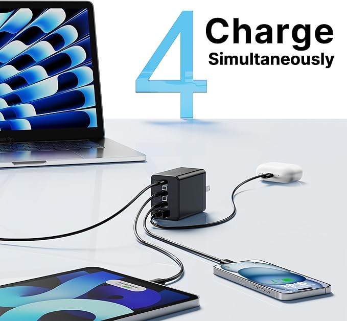2 Pack 180W USB C Charger Block, Foldable 4-Port GaN Fast Charger, Dual 65W Type C Charging Block, Laptop Fast Charging Adapter for MacBook Pro/Air, iPad, iPhone, Samsung Galaxy Black